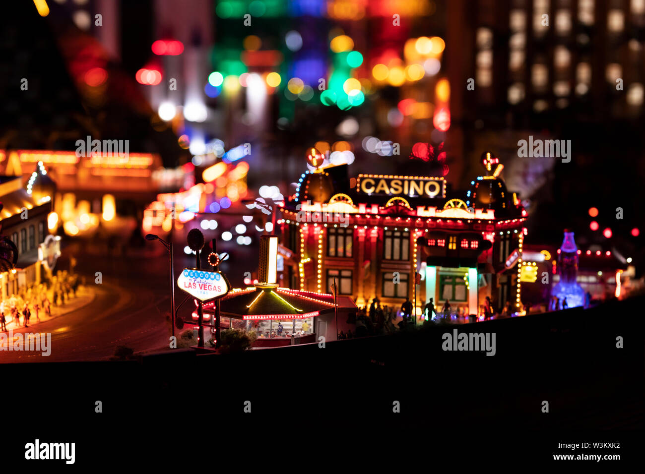 A replica of nighttime at a Las Vegas casino at the model railway exhibit Miniatur Wunderland in Hamburg, Germany. Stock Photo