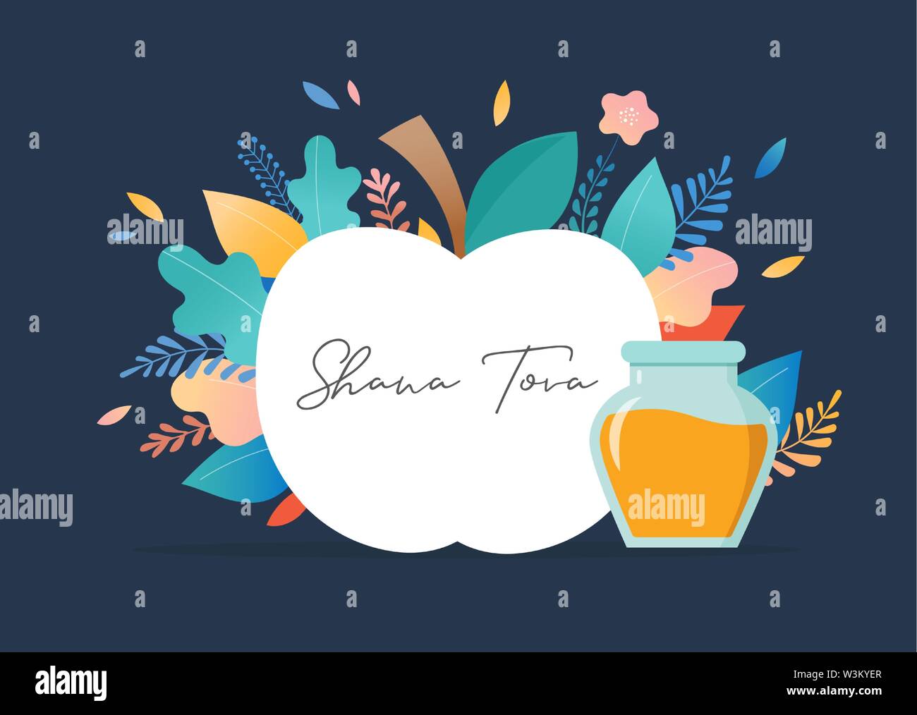 Rosh Hashana, Jewish holiday, New year scene with an apple, honey, flowers and leaves. Flat cartoon vector illustration for Jewish religious holiday c Stock Vector