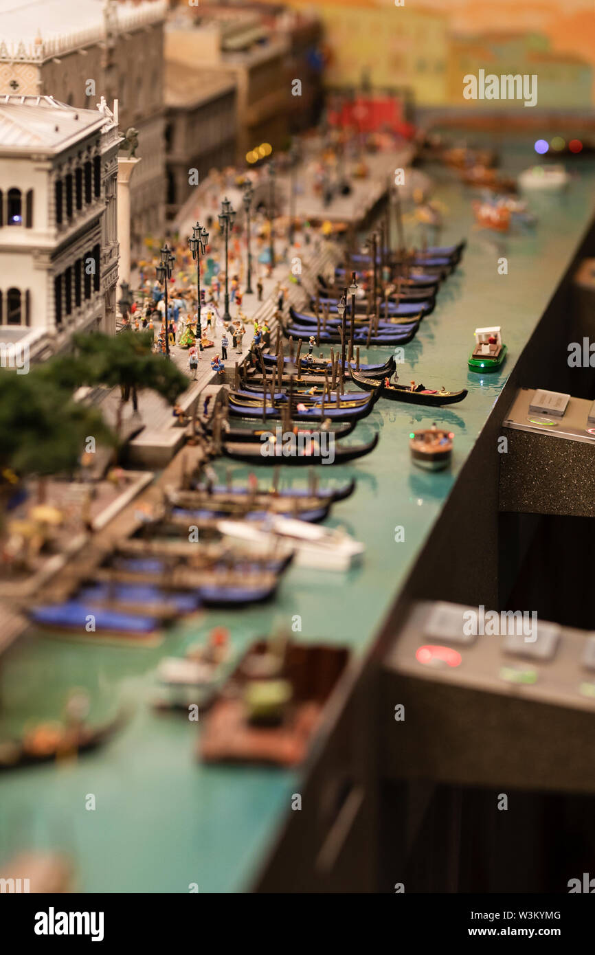 A replica of the canals of Venice with gondolas at the model railway exhibit Miniatur Wunderland in Hamburg, Germany. Stock Photo