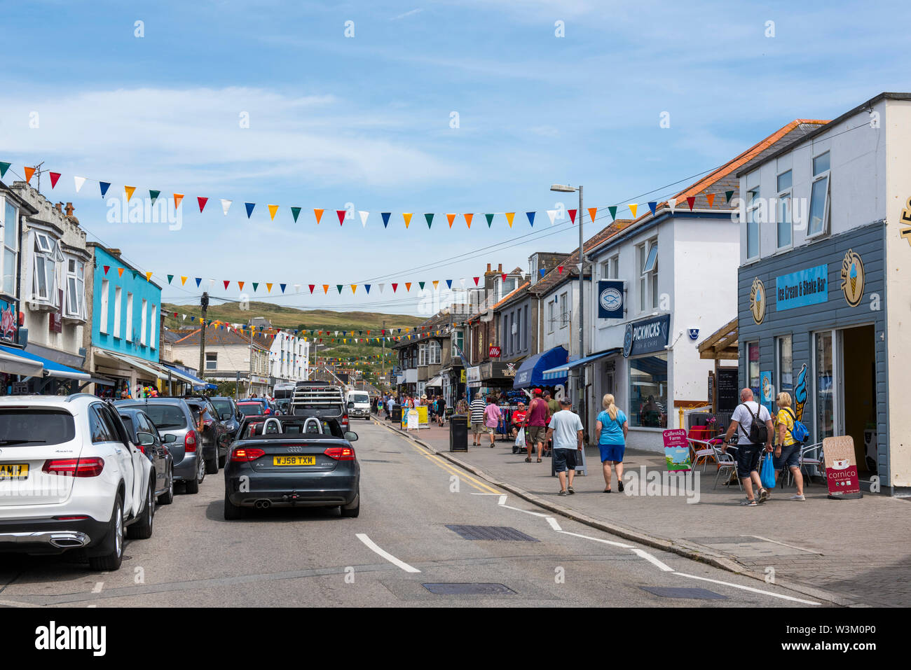 A sunny summer day in Perranporth, North Cornwall England UK Stock Photo