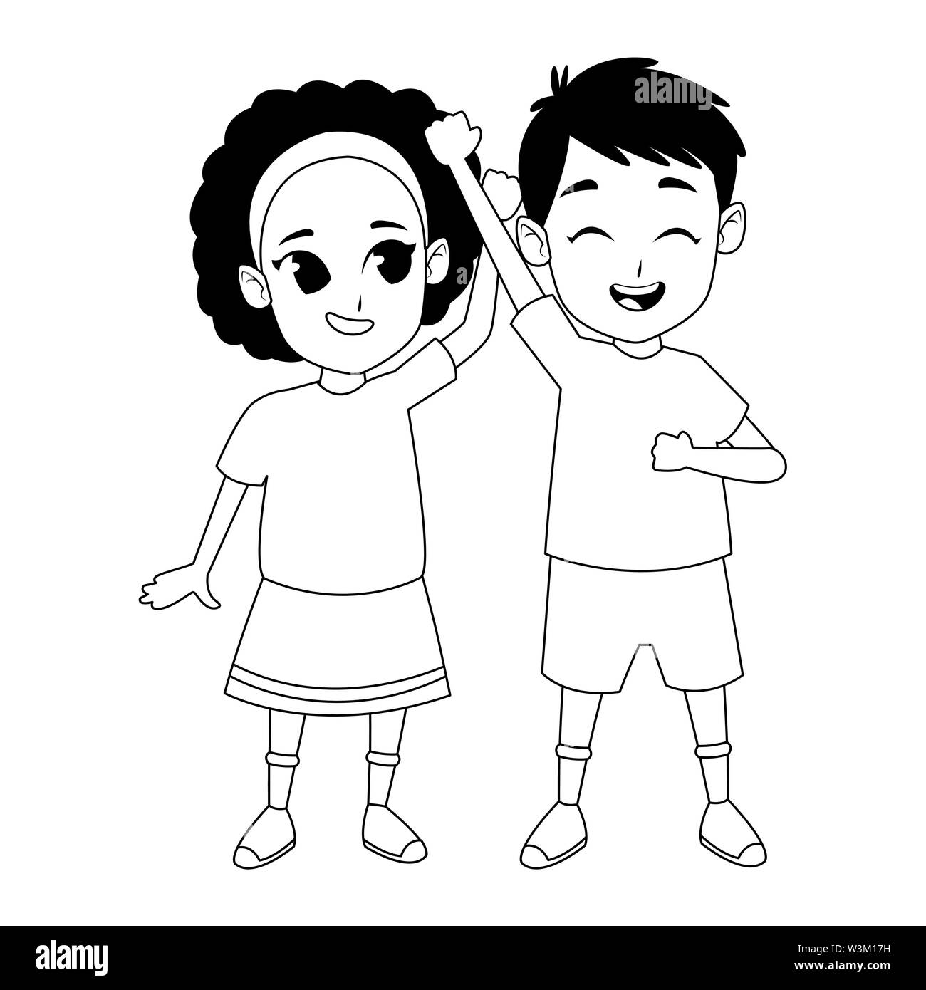 Little kids having fun and smiling cartoons in black and white Stock ...