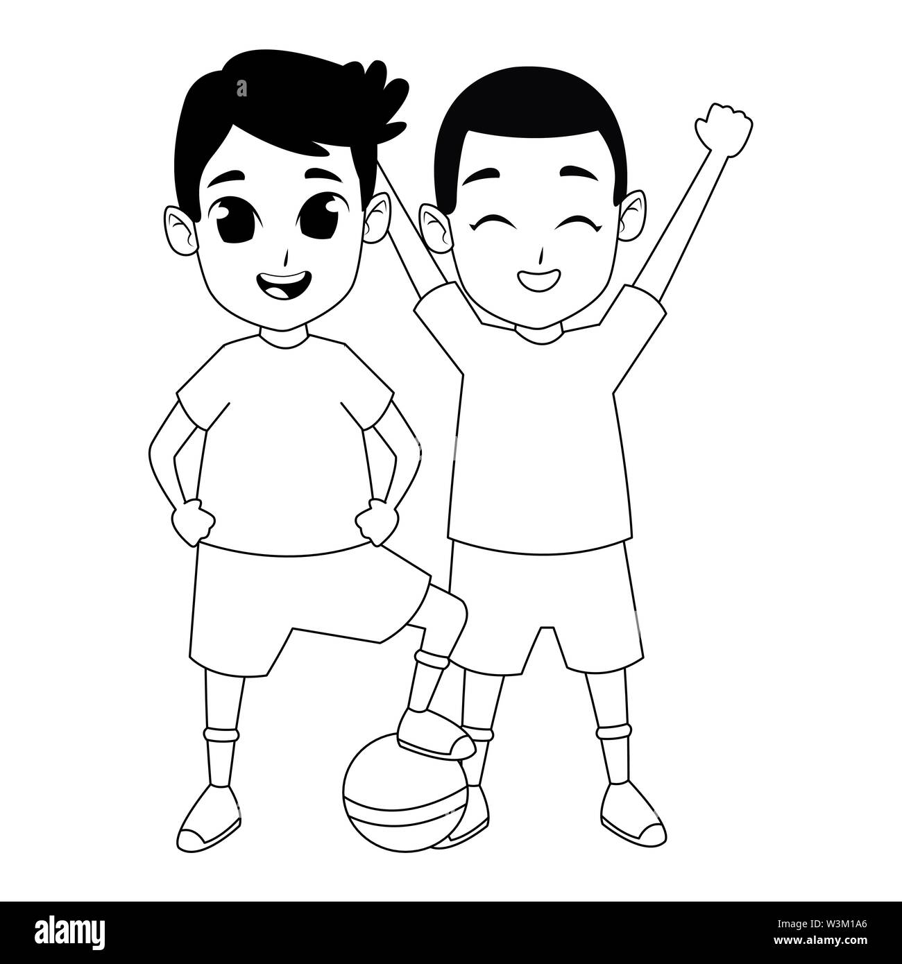 Little kids having fun and smiling cartoons in black and white Stock ...