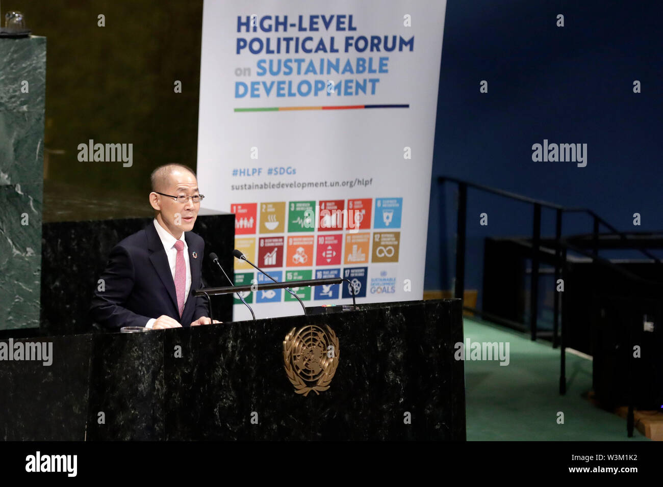 (190716) -- UNITED NATIONS, July 16, 2019 (Xinhua) -- Hoesung Lee, Chair of the Intergovernmental Panel on Climate Change (IPCC), addresses the opening ceremony of the High-level Segment of the Economic and Social Council (ECOSOC) Ministerial Segment of the High-level Political Forum on Sustainable Development at the UN headquarters in New York, July 16, 2019. United Nations Secretary-General Antonio Guterres said Tuesday that shifting to a greener economy could create 24 million jobs globally by 2030. (Xinhua/Li Muzi) Stock Photo