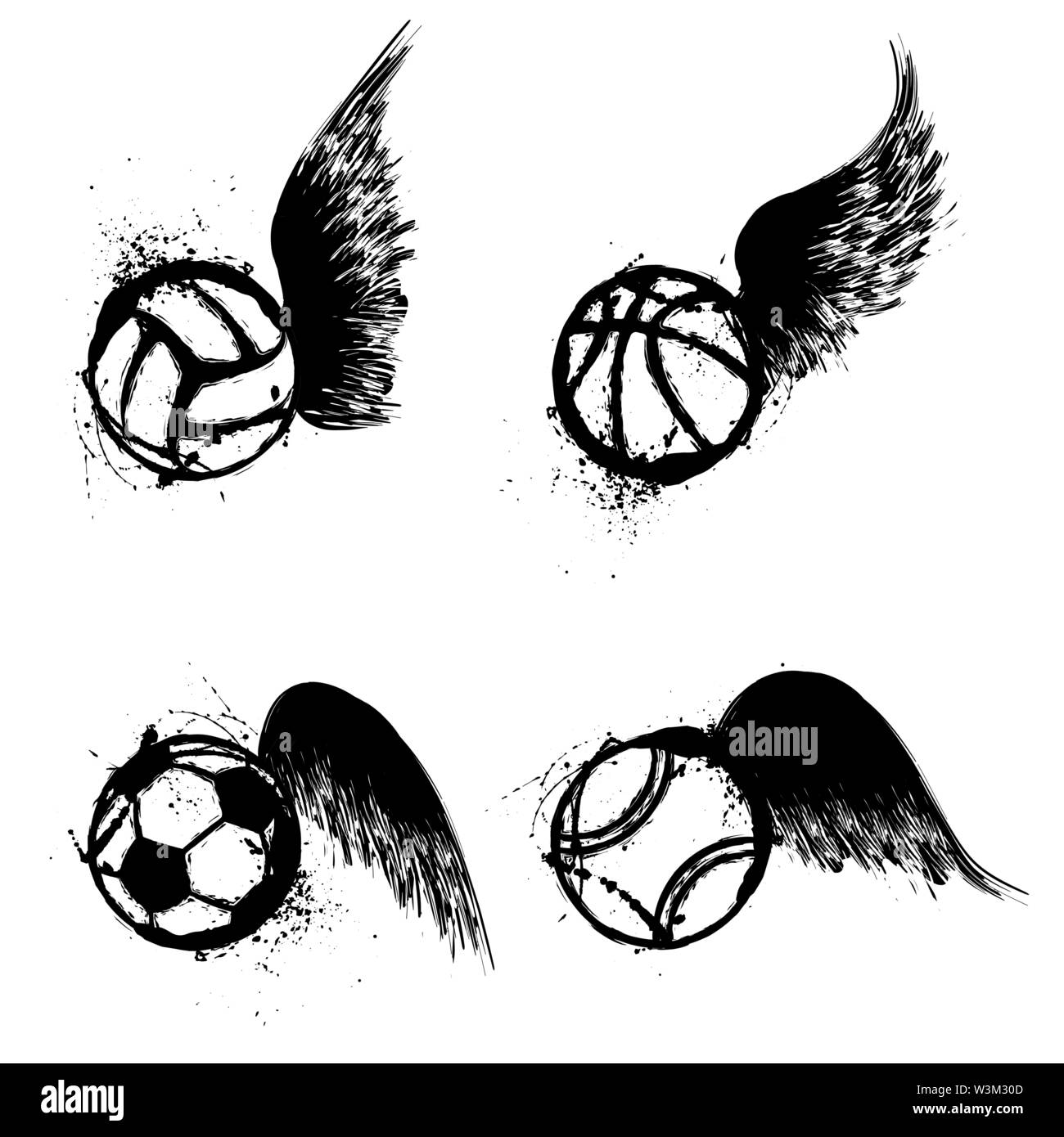 Black grunge sport ball silhouettes with wings isolated on white background Stock Vector