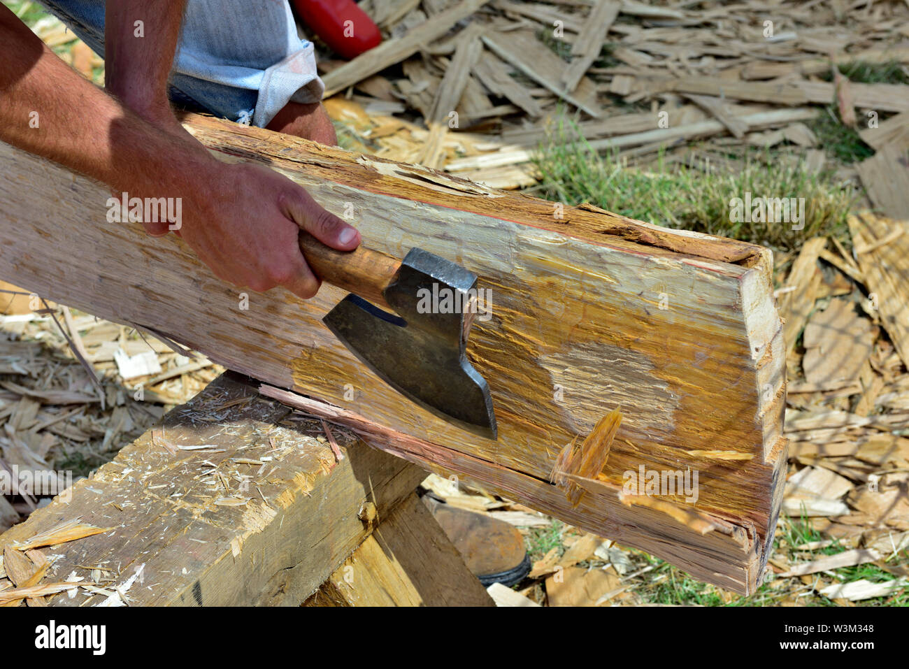 Man using axe to shape an oak log into a square beam for use in reproduction traditional medieval Anglo Saxon timber framed building Stock Photo