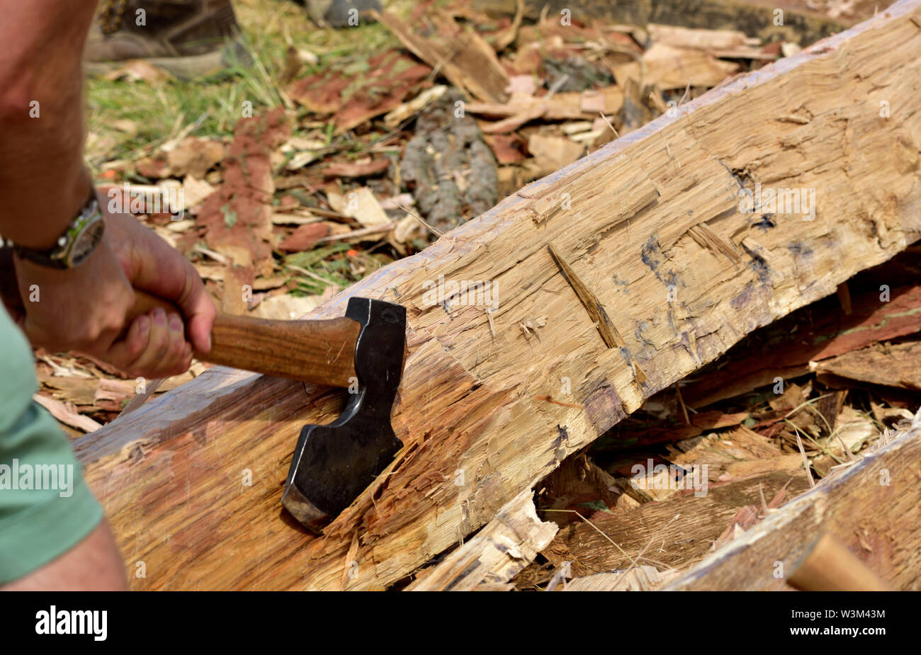 Man using axe to shape an oak log into a square beam for use in reproduction traditional medieval Anglo Saxon timber framed building Stock Photo