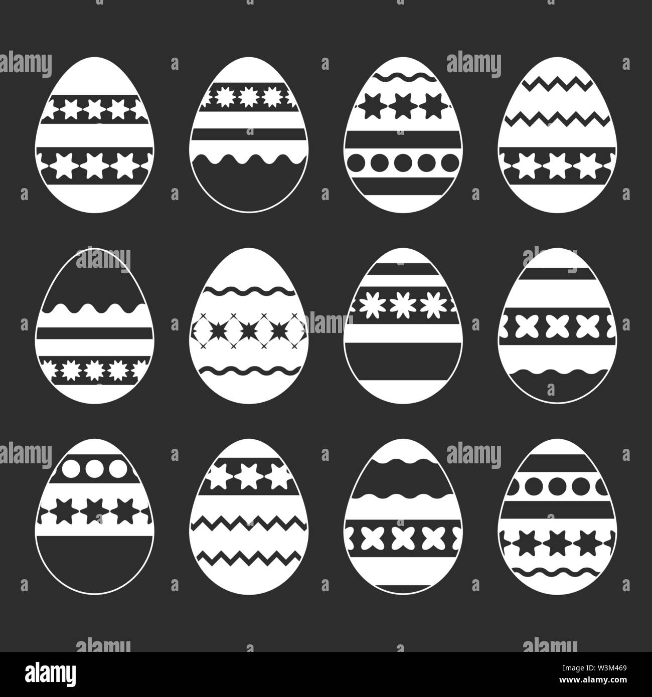 Set of isolated Easter eggs on a black background. With an abstract ...