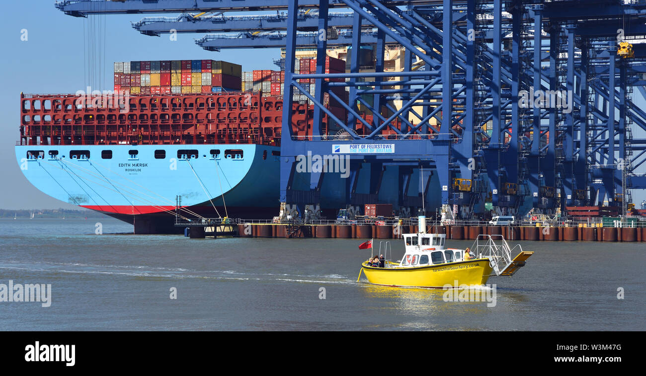 Ferry across the Orwell Estuary goes past large container ship being ...