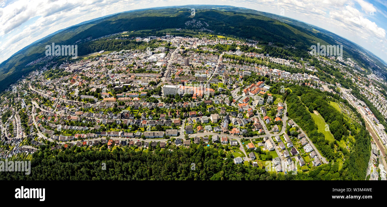 Aerial view of Arnsberg as fisheye photograph, fisheye with district government, Regierungspräsident Arnsberg in Sauerland in the state of North Rhine Stock Photo