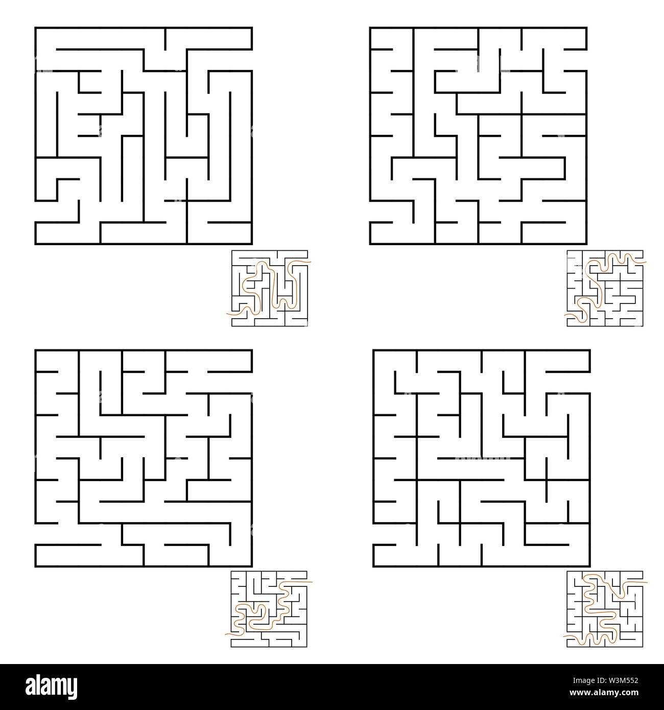 Abstract simple square isolated labyrinth. Four options. Black color on ...
