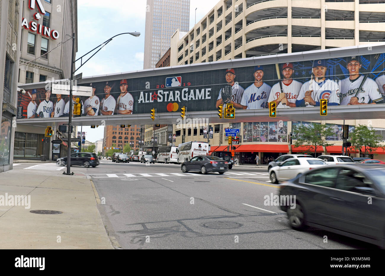 The 2019 All Star Game in Cleveland, Ohio, USA is promoted on the walkway across Ontario and Prospect streets in downtown Cleveland. Stock Photo