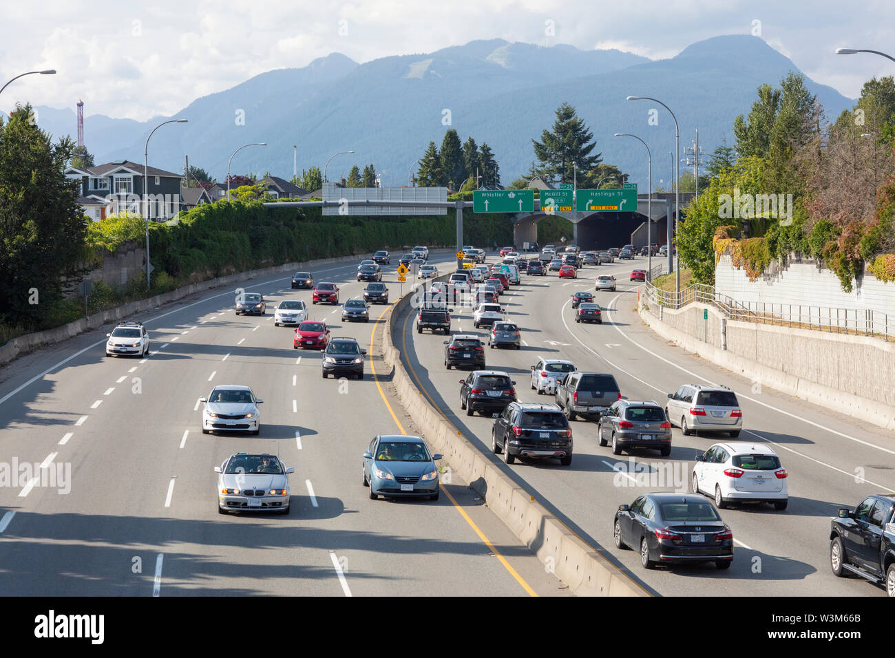 Northbound Highway Traffic on Highway 1 in Vancouver BC Canada close to