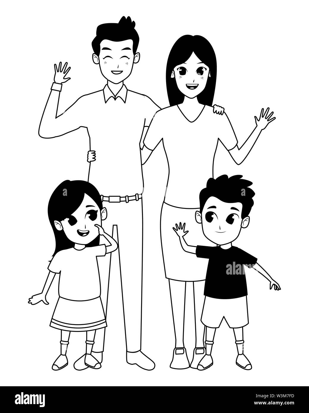 Family parents and childrens cartoons in black and white Stock Vector