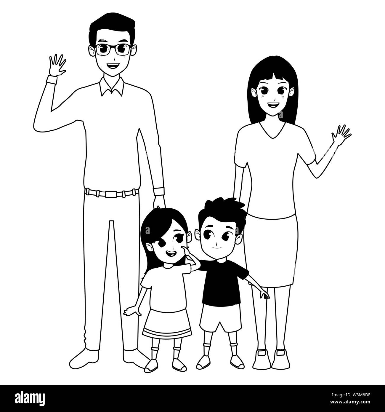 Family parents and childrens cartoons in black and white Stock Vector