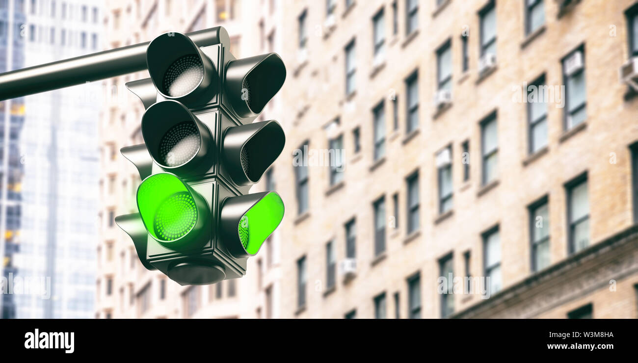 Green traffic lights for cars, blur office skyscraper background, New York city downtown. 3d illustration Stock Photo
