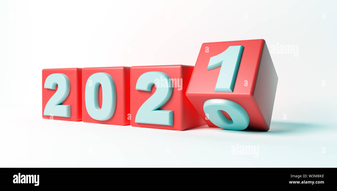 2021 New year change, turn. 2021 start 2020 end, red cubes isolated against white background. 3d illustration Stock Photo