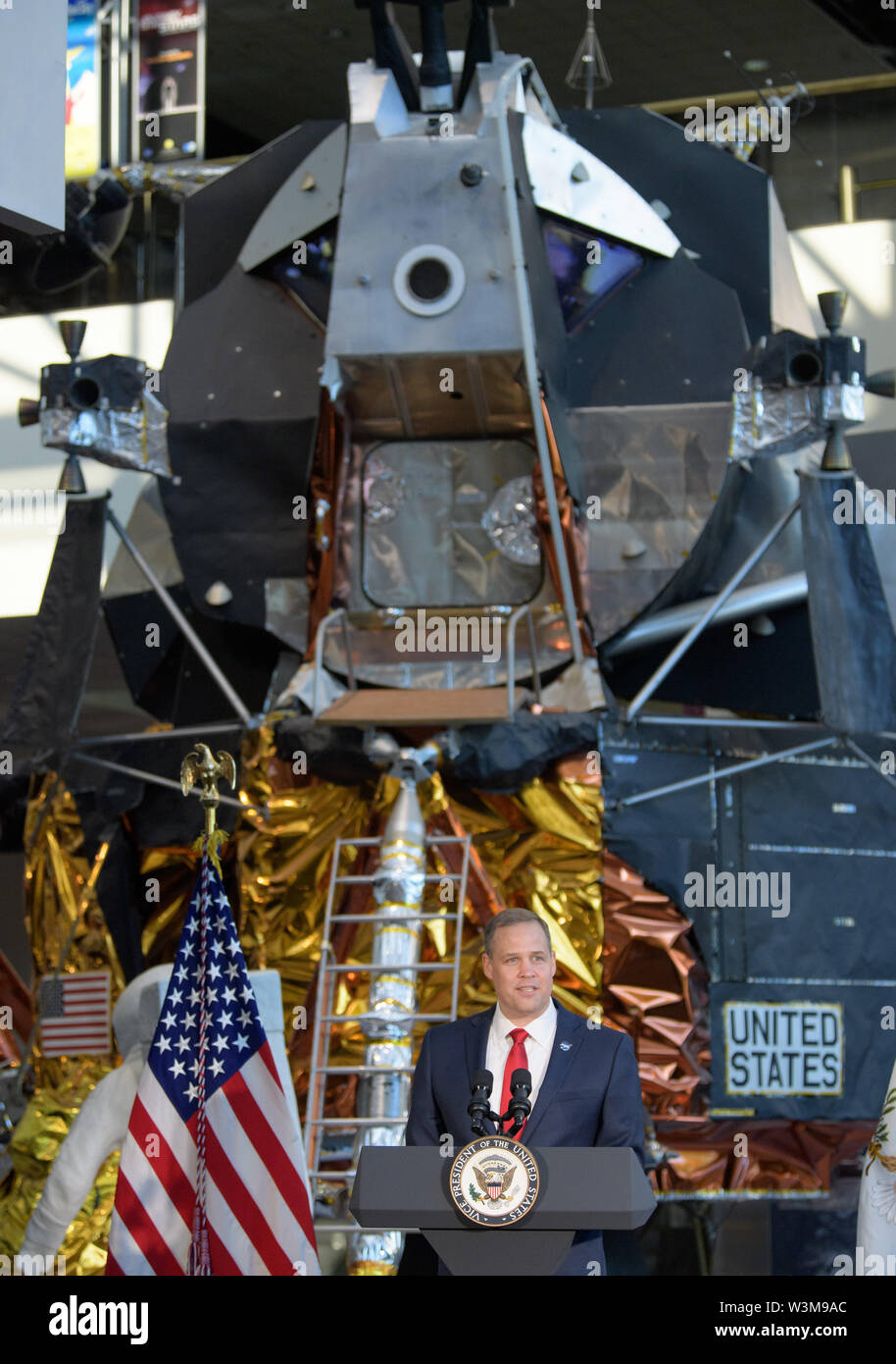 Washington DC, USA. 16th July, 2019. NASA Administrator Jim Bridenstine delivers remarks during the unveiling of a display featuring the spacesuit of Apollo 11 astronaut Neil Armstrong at the Smithsonian National Air and Space Museum July 16, 2019 in Washington, DC. The event marks the 50th anniversary of the launch of the Apollo 11 mission. Credit: Planetpix/Alamy Live News Stock Photo