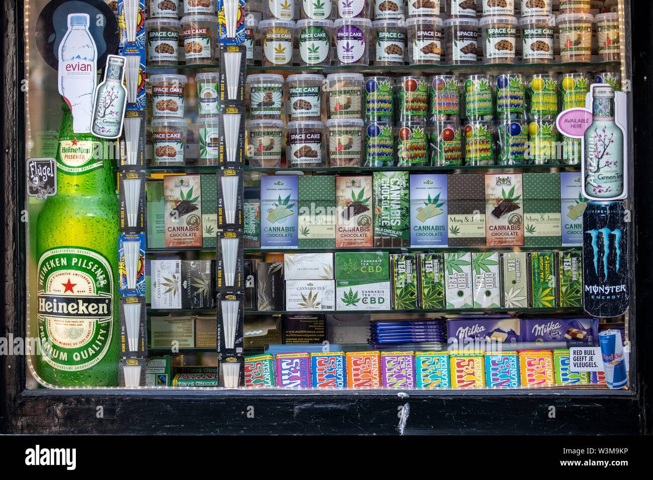Amsterdam, Netherlands, downtown, Shop window of a drug store, head shop, canabis seeds, accessories, Stock Photo