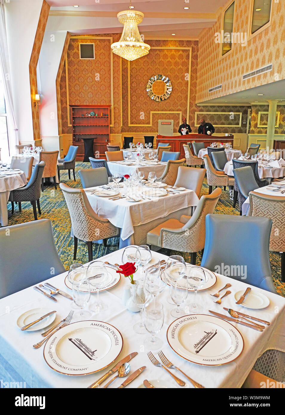 The Grand Dining Room of the American Duchess stern wheel riverboat of the American Queen Steamboat Company on Ohio River. Stock Photo
