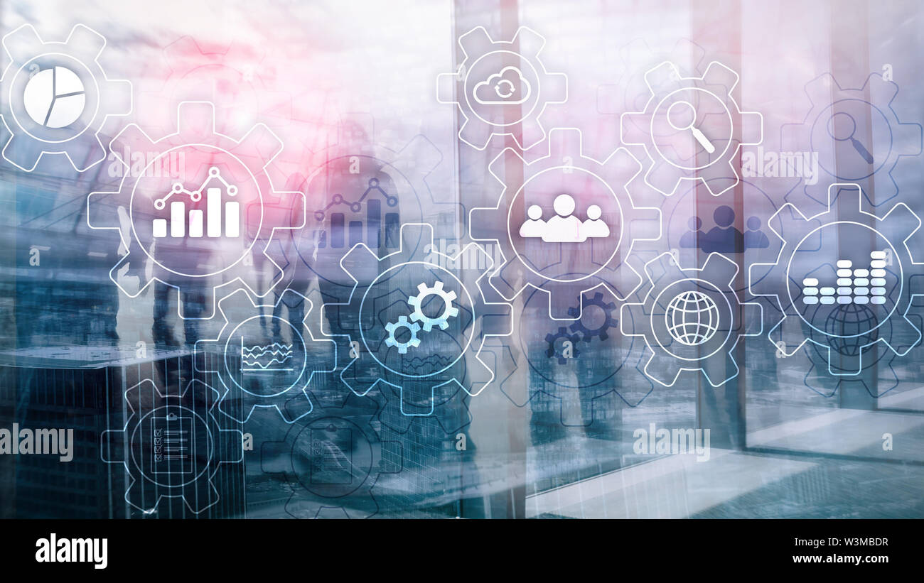 Business process abstract diagram with gears and icons. Workflow and automation technology concept Stock Photo