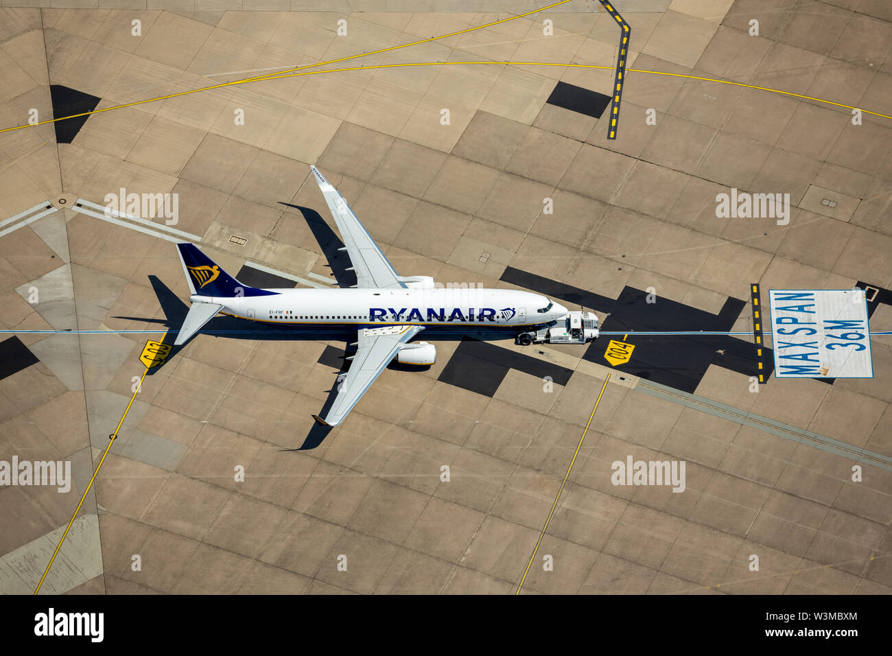 ,Aerial photograph of Cologne/Bonn airport 'Konrad Adenauer', with RyanAir aircraft on the apron at a parking position, parking marking, international Stock Photo