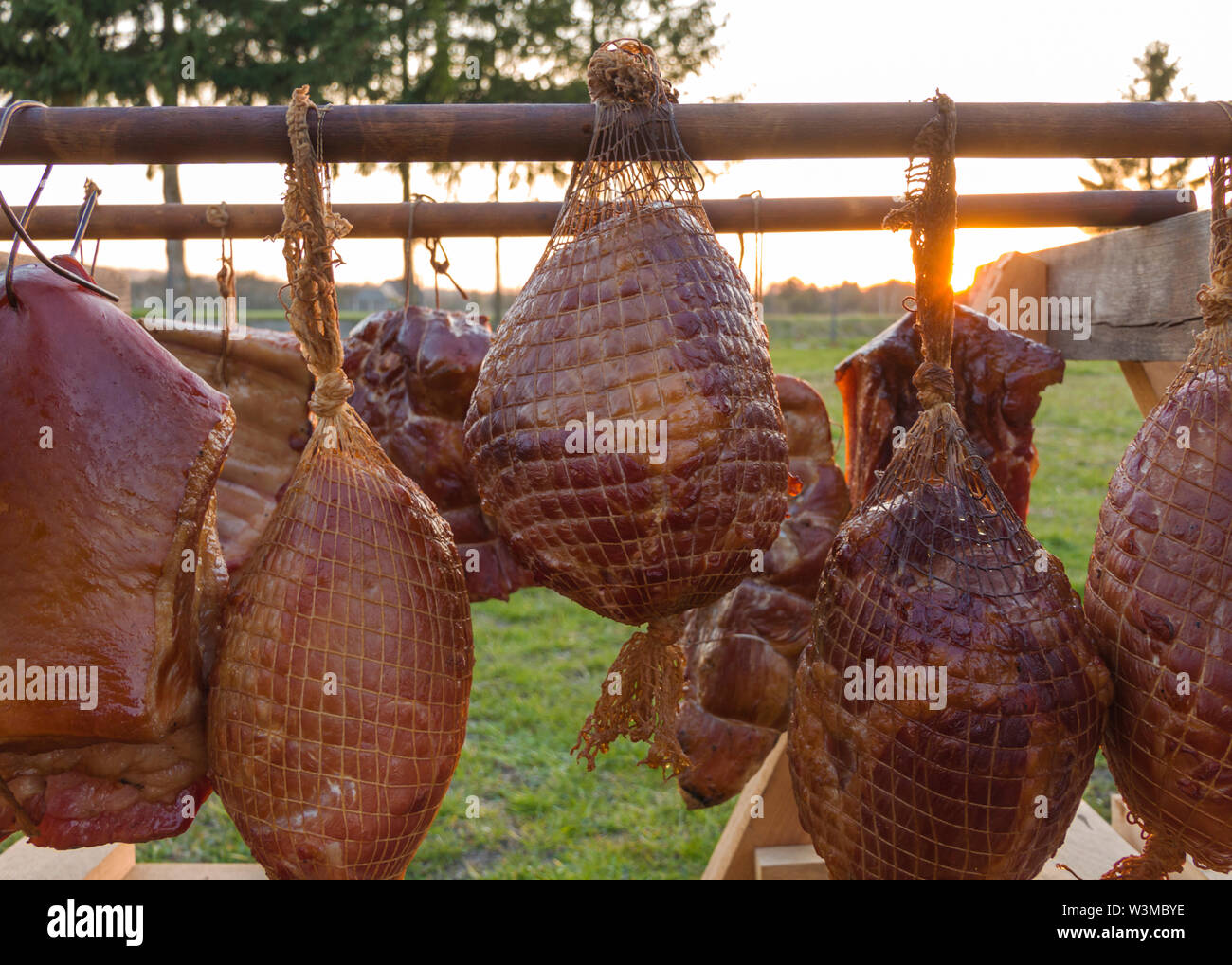 homemade smoked various meat drying after smoking process Stock Photo