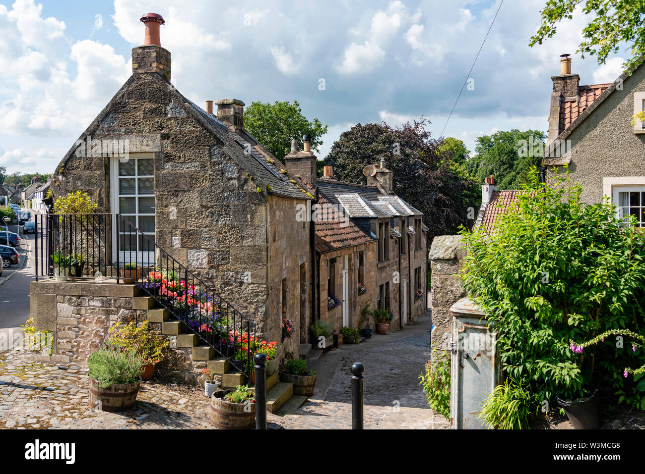 View of old houses in historic village of Falkland in Fife, Scotland ...