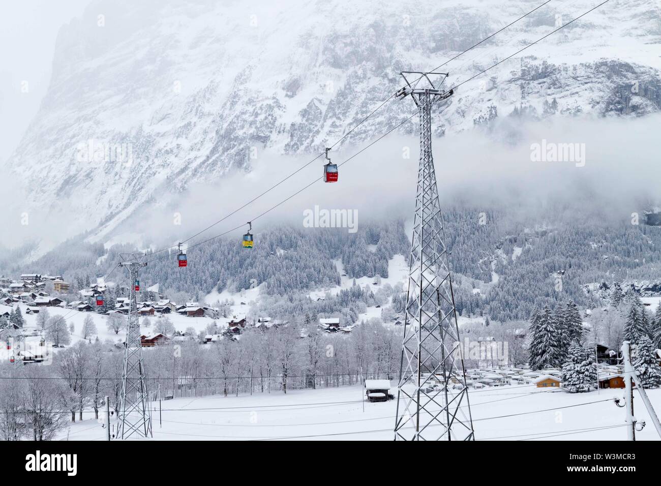 Ski city Interlaken in Switzerland in snow with cable car Stock Photo