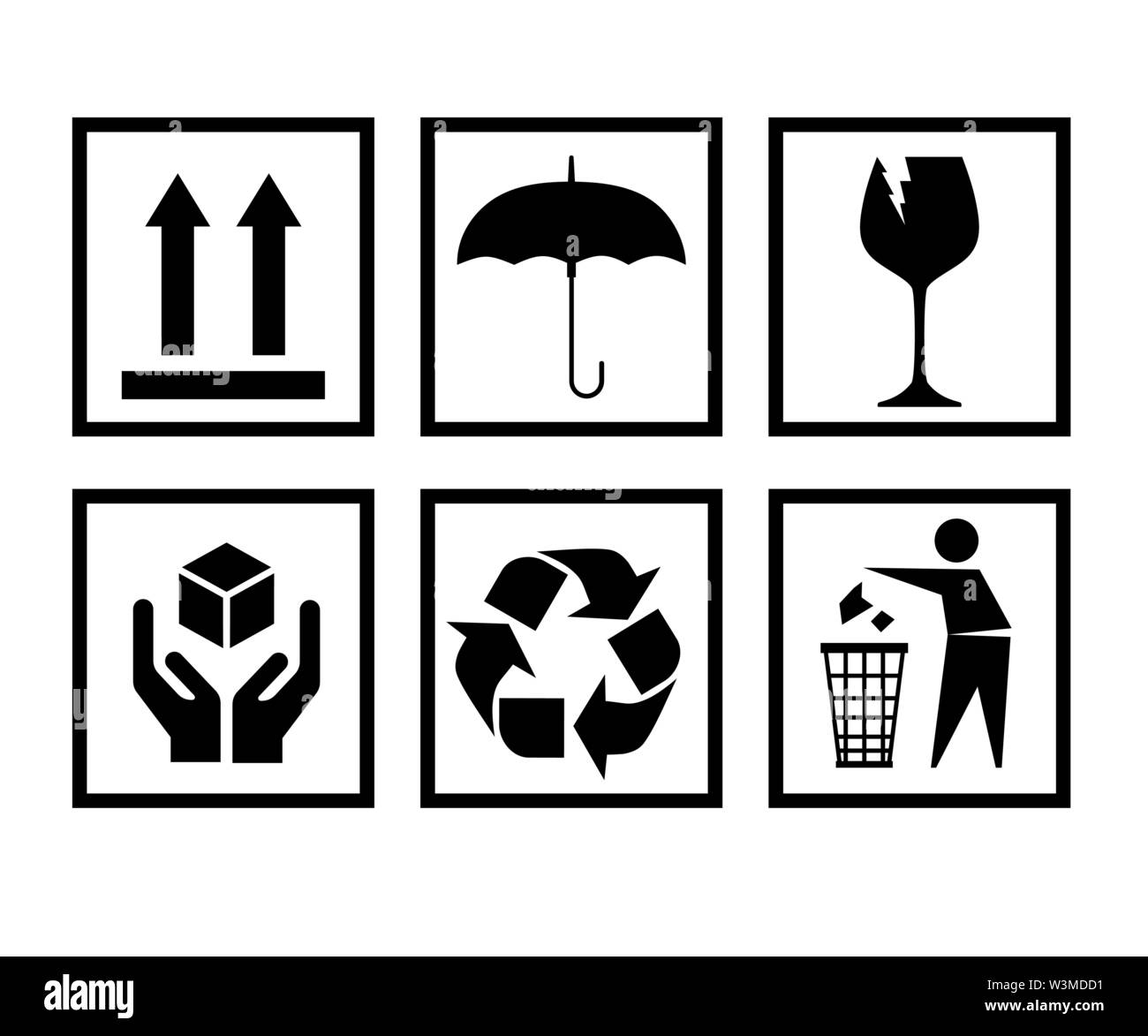 Handling packing icon set including fragile, recycle and caution signs etc. Stock Vector