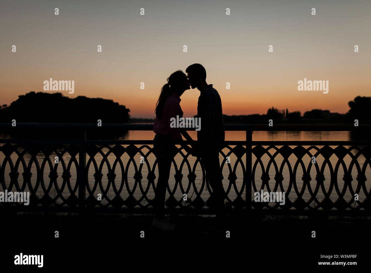 Silhouettes of young couple kissing at sunset Stock Photo - Alamy