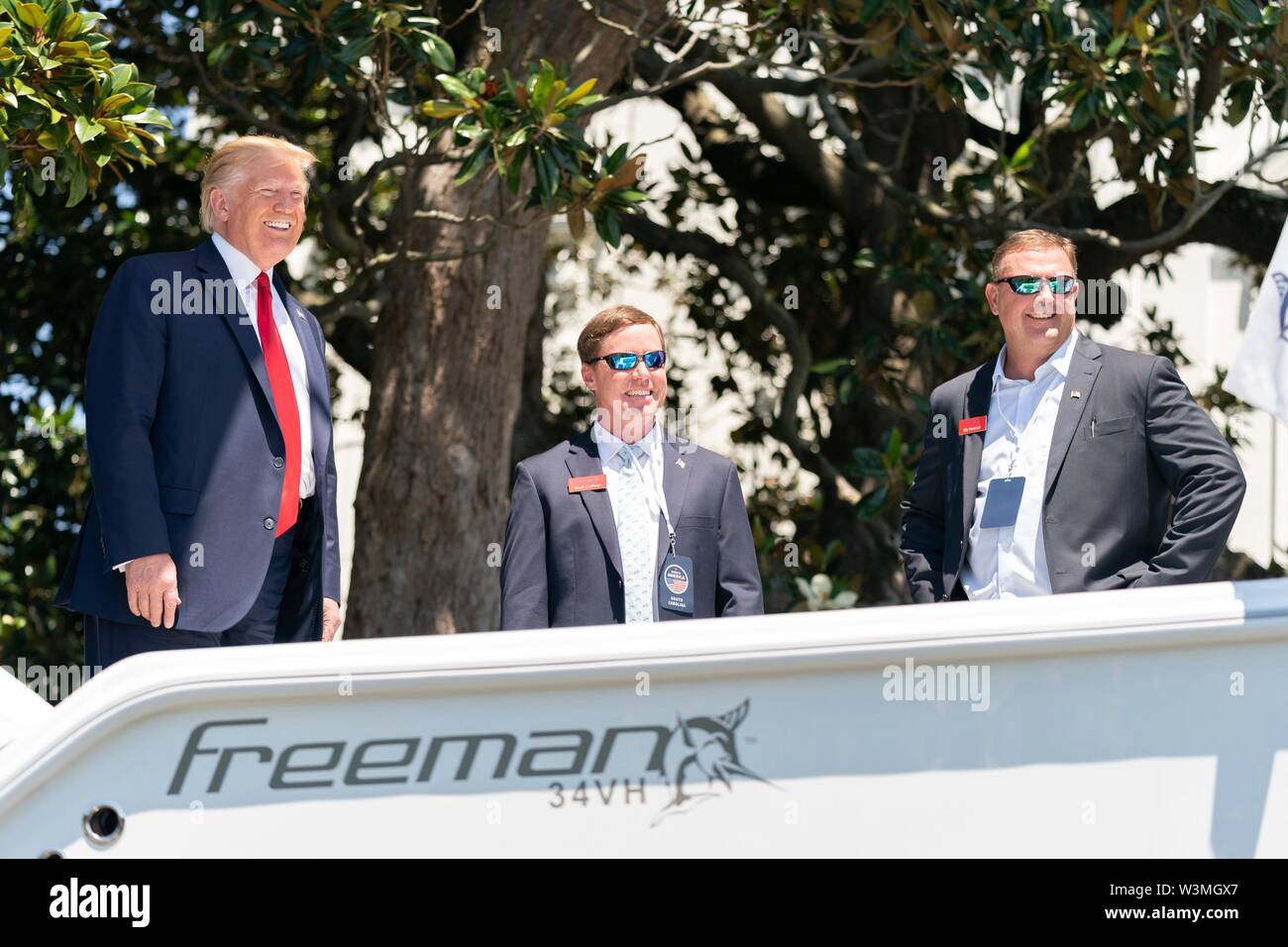 U.S President Donald Trump looks out over products produced in the United States during the Made in America Product Showcase on the South Lawn of the White House July 15, 2019 in Washington, DC. Stock Photo