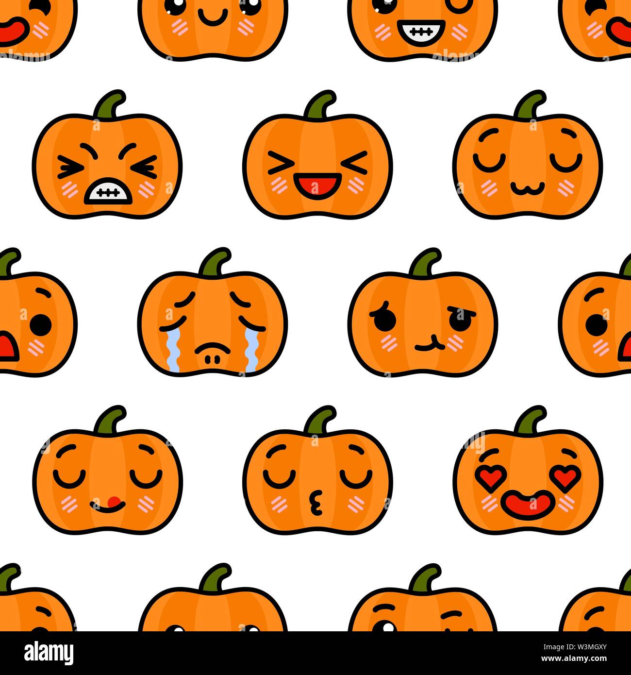 Seamless pattern with cute kawaii emoji Halloween Pumpkin. vector ...