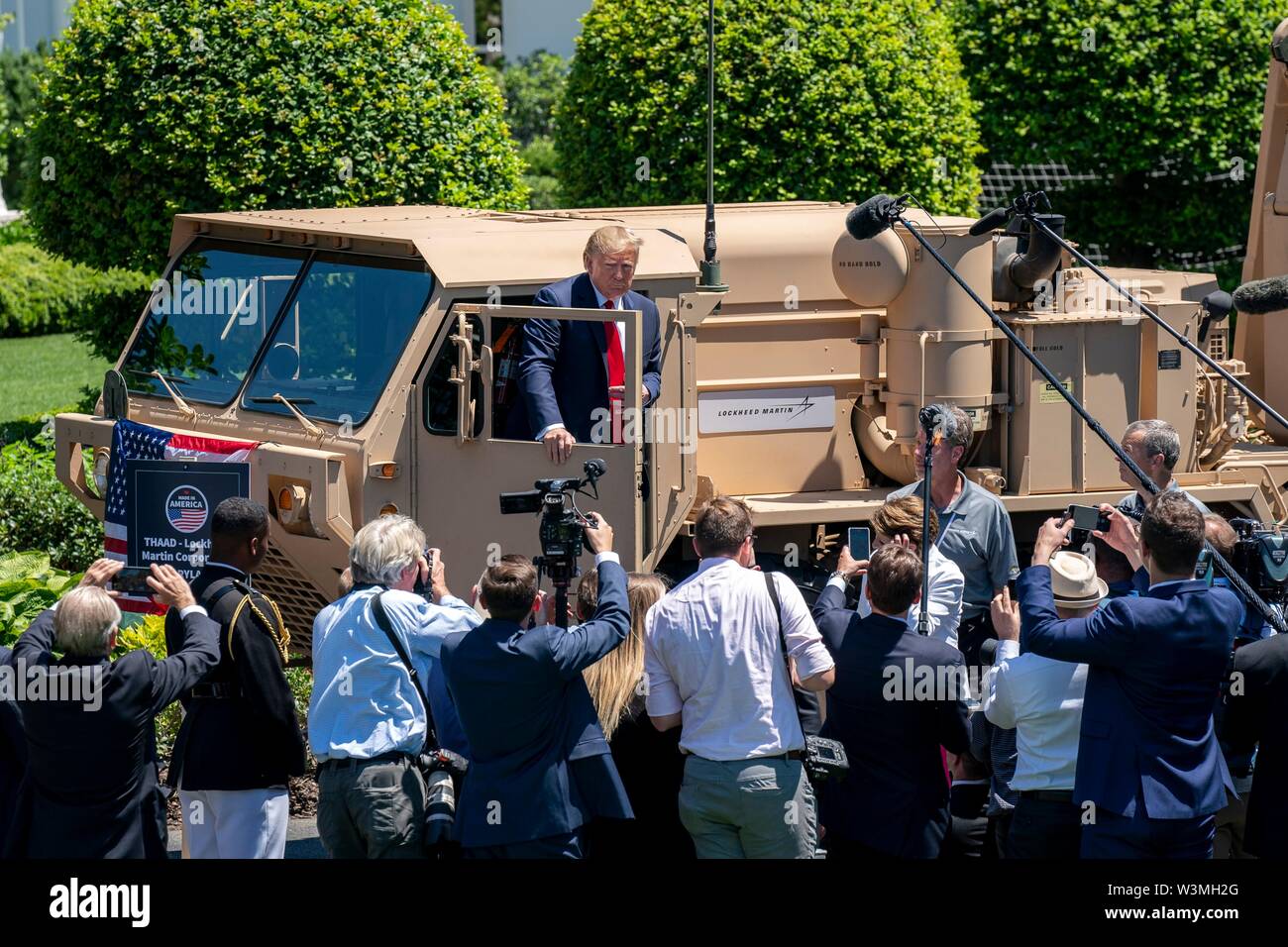 U.S President Donald Trump looks at products made in the United States during the Made in America Product Showcase on the South Lawn of the White House July 15, 2019 in Washington, DC. Stock Photo