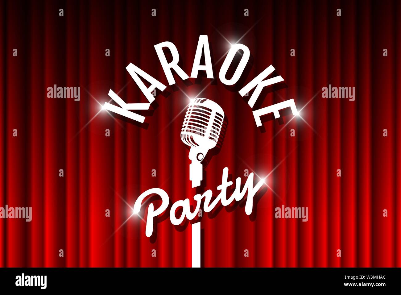 Karaoke party night live show open mic on empty theatre stage. Vintage microphone against red curtain drape backdrop. Retro vector art stage image illustration Stock Vector