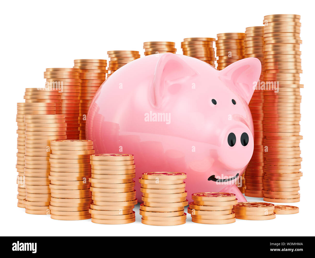 Piggy bank with growing chart from gold coins around. 3D rendering ...
