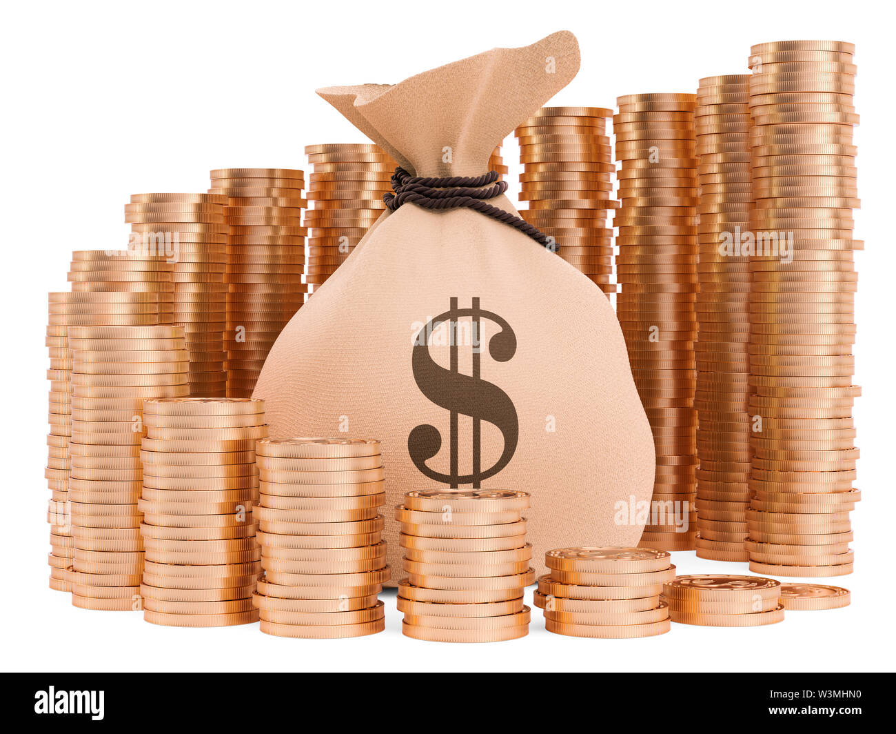 Money bag with golden coins around, 3D rendering isolated on white ...
