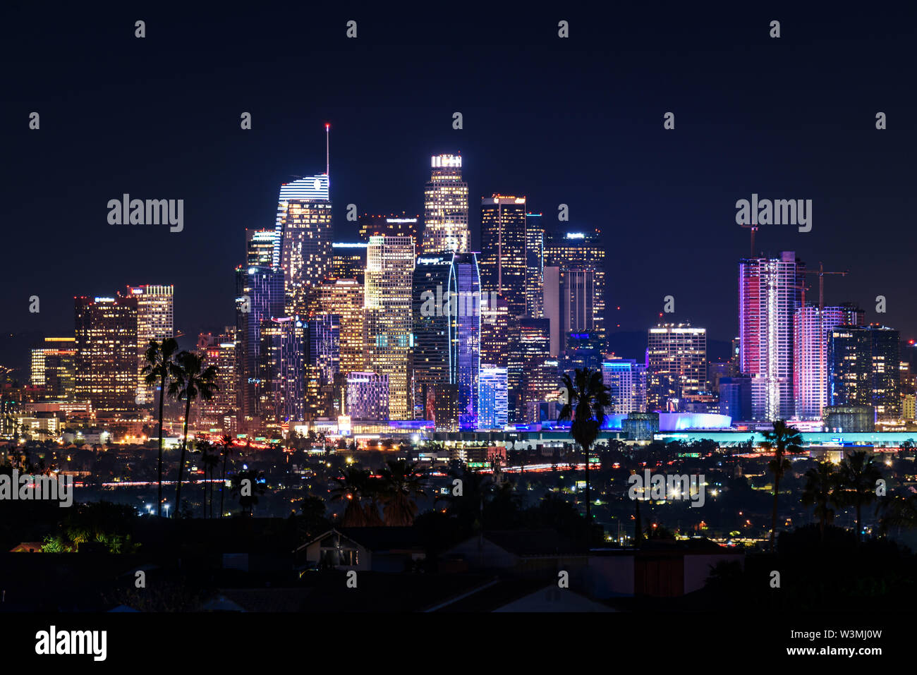 Downtown Los Angeles skyline at night Stock Photo