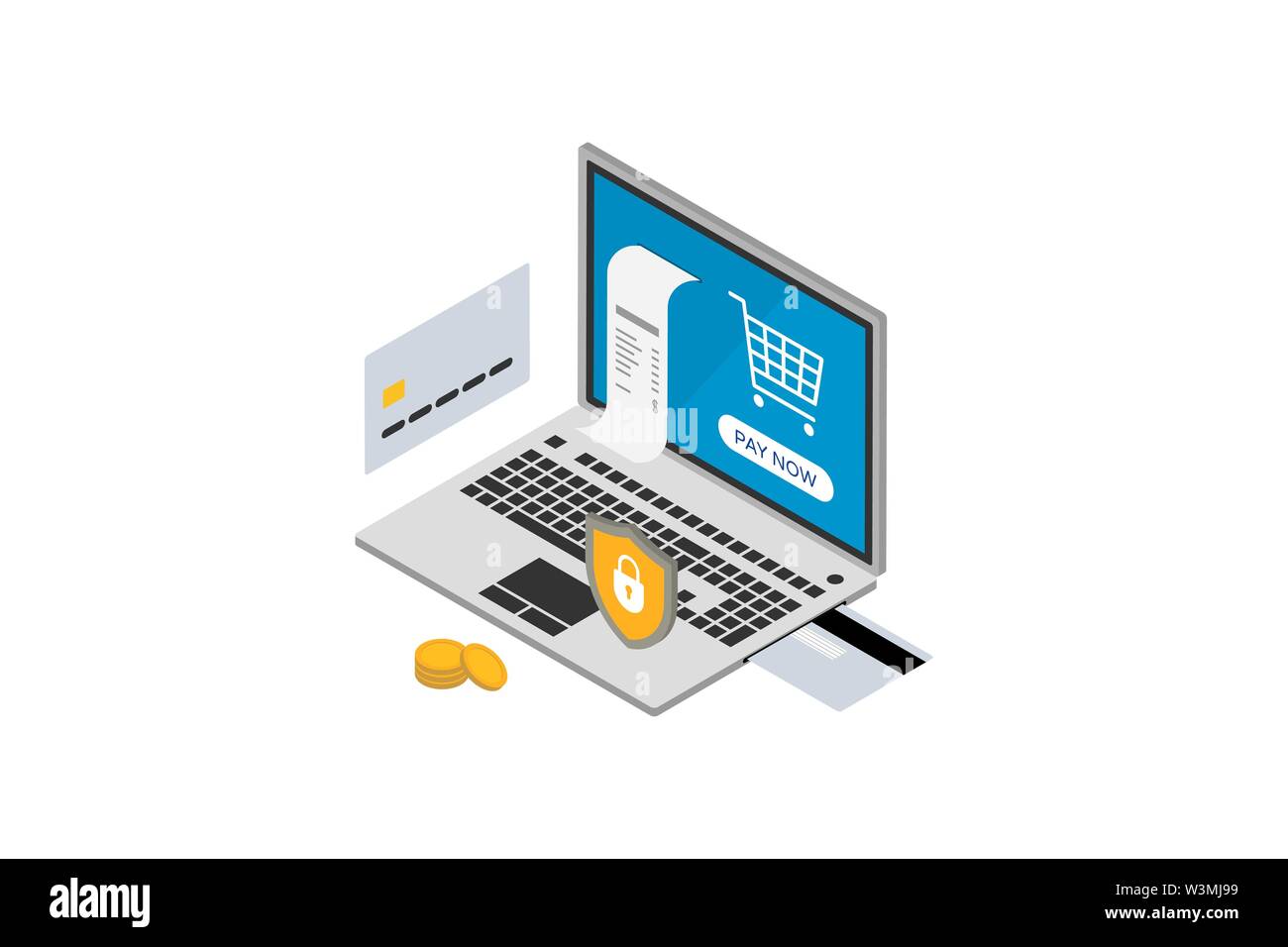 Secure online payment for e-commerce. Money transfer via internet concept with isometric laptop and credit card. Safe bank money transaction concept with id verification. Vector paid illustration Stock Vector