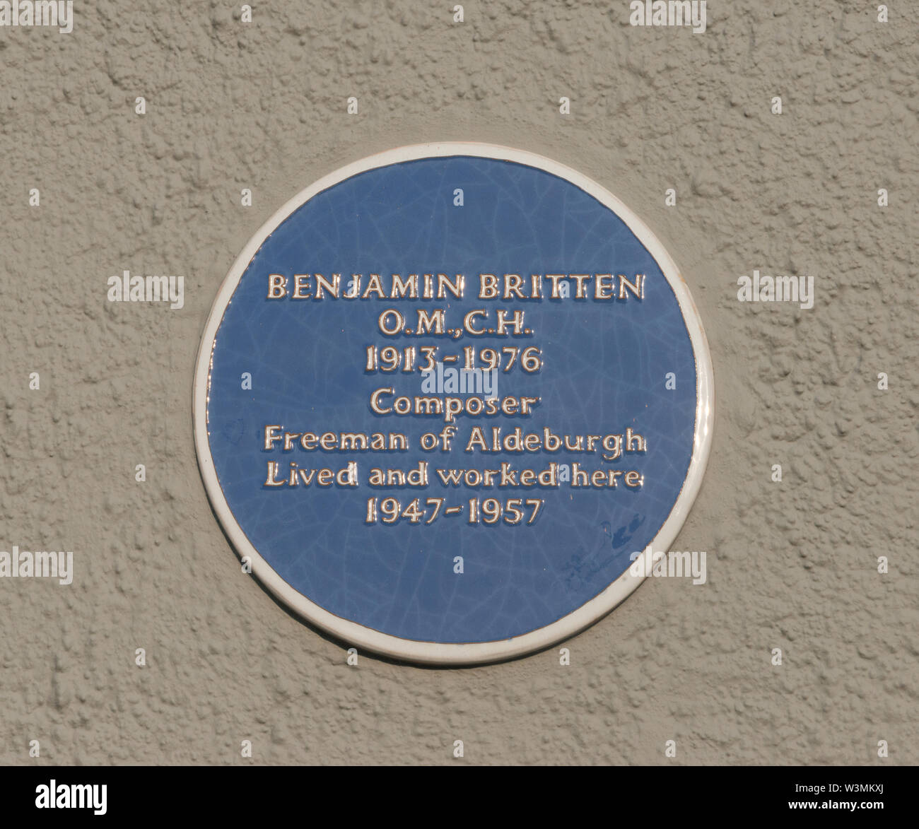 Benjamin Britten Blue Plaque - on Crag House, Aldeburgh -  taken from a public road. Stock Photo