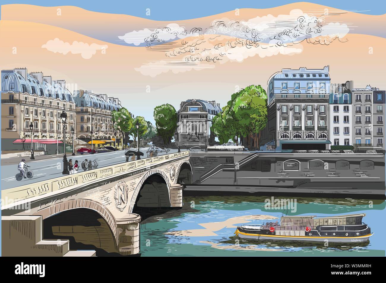 Colorful vector hand drawing illustration of Pont Saint Michel bridge, landmark of Paris, France. Cityscape with Saint Michel bridge and Paris street. Stock Vector