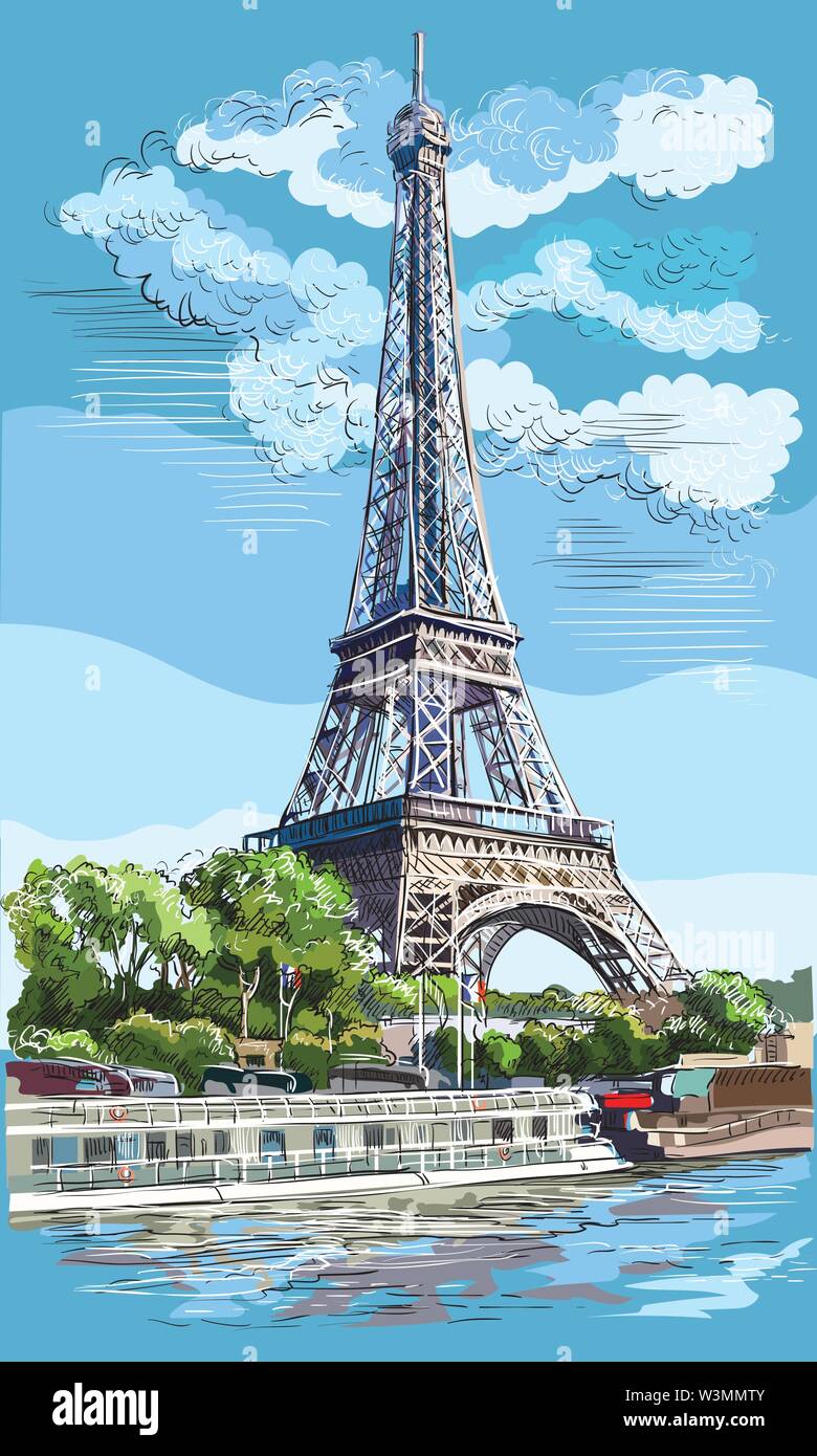 Colorful vector hand drawing Illustration of Eiffel Tower, landmark of ...
