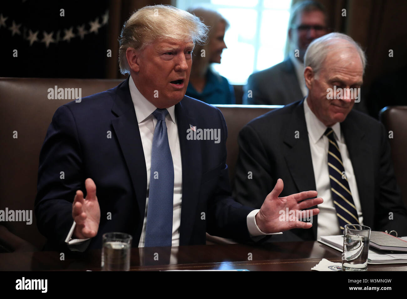 United States President Donald J. Trump joined by Acting US Secretary of Defense Richard V. Spencer, speaks during a Cabinet Meeting in the Cabinet Room of the White House, on July 16, 2019 in Washington, DC.Credit: Oliver Contreras/Pool via CNP/MediaPunch Stock Photo