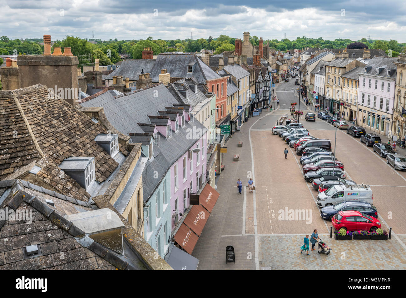 Cirencester, Gloucestershire. The new pedestrian layout of Cirencester Marketplace as seen from St John the Baptist Church roof. Stock Photo