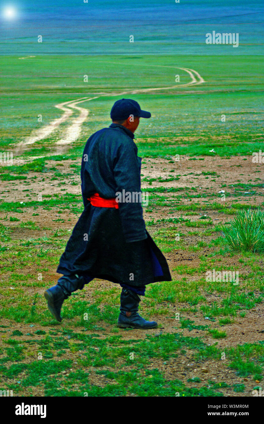 Mongolian Nomad in the Steppe Stock Photo