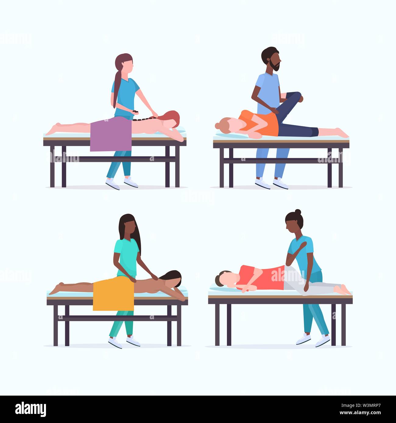 set masseurs therapists doing healing treatment of mix race patients on massage table specialists massaging injured body parts collection manual sport Stock Vector