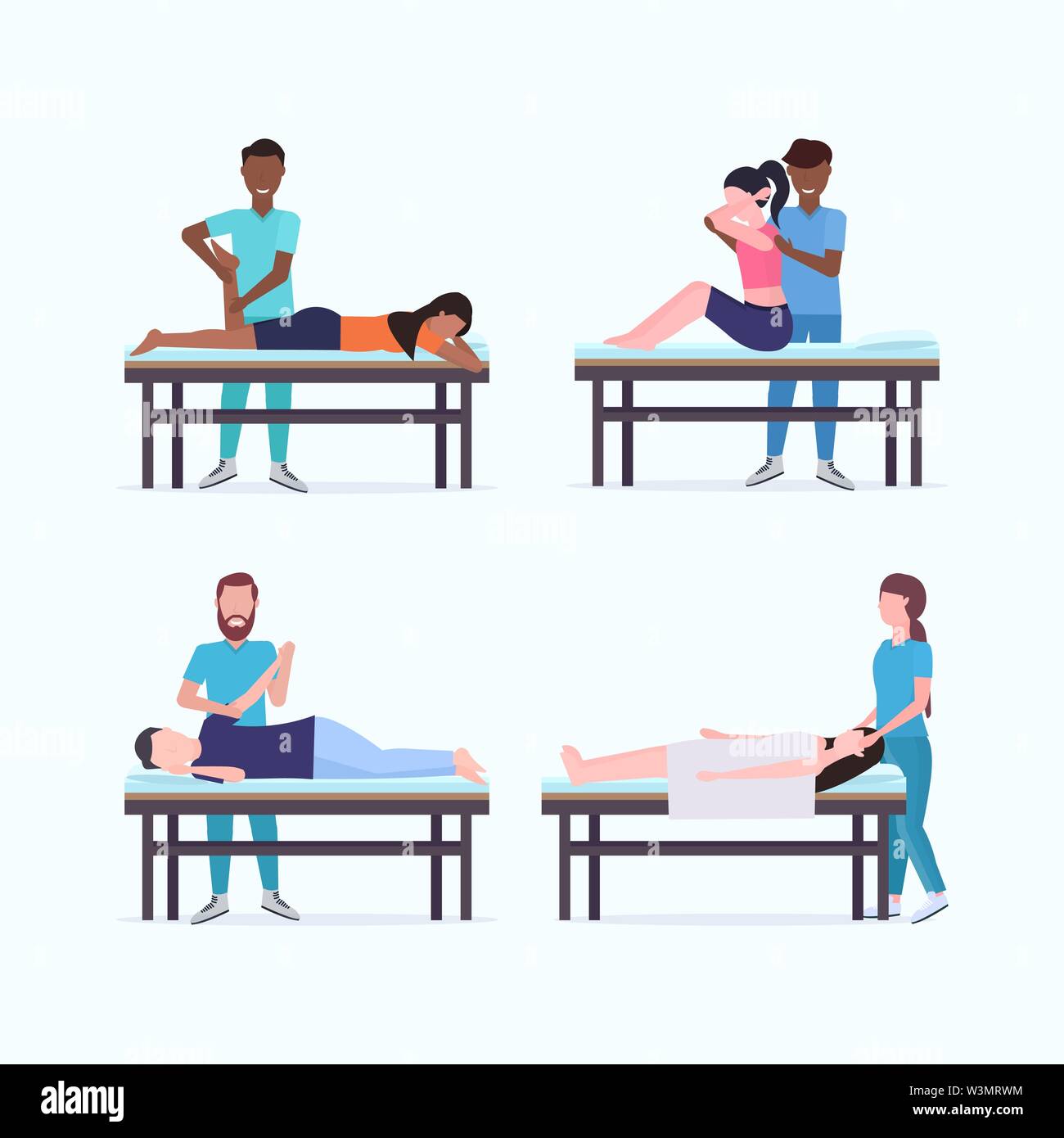 set masseurs therapists doing healing treatment of mix race patients on massage table specialists massaging injured body parts collection manual sport Stock Vector