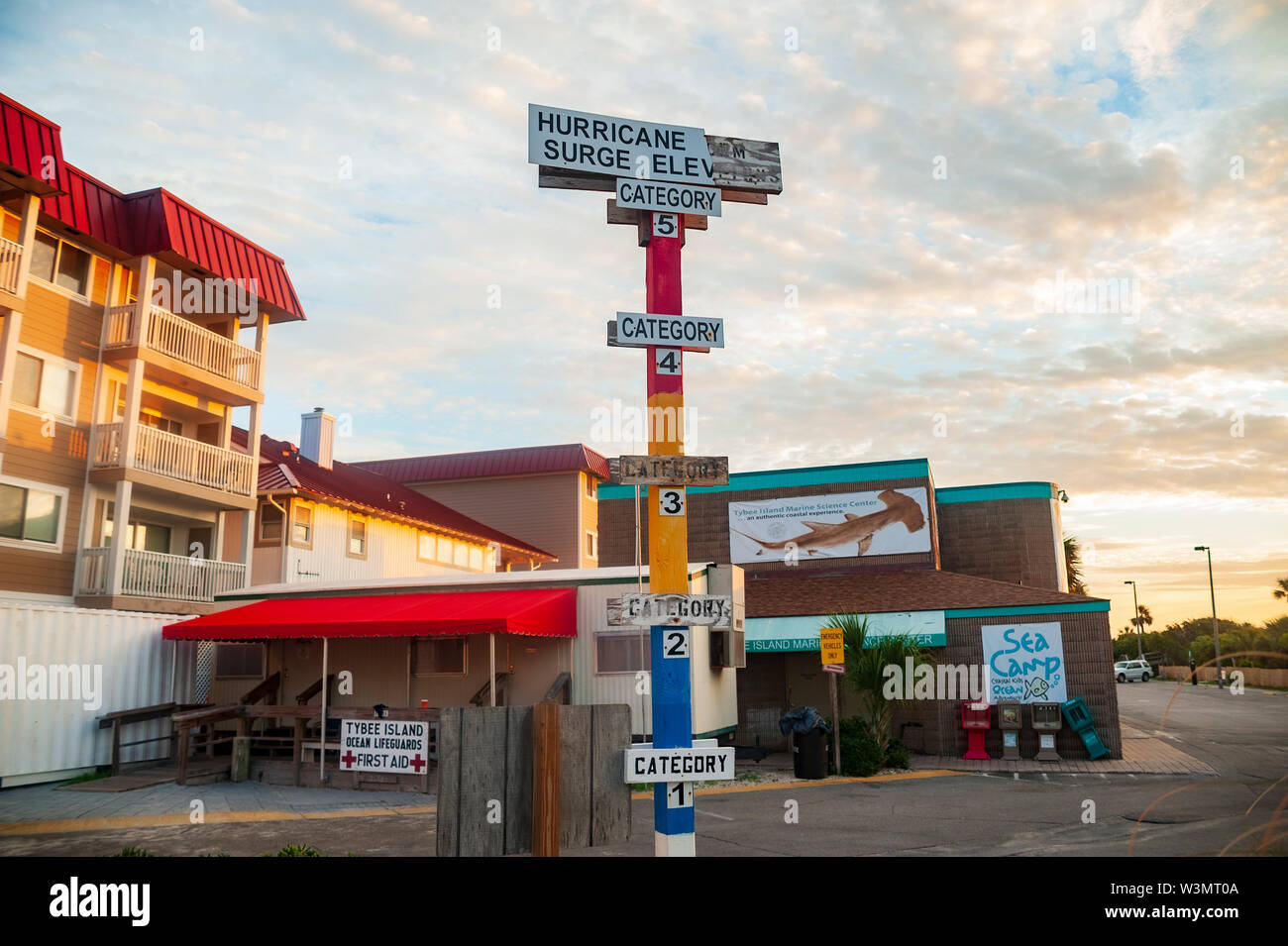 Hurricane Storm Surge Elevation marker, Tybee Island, Georgia Stock