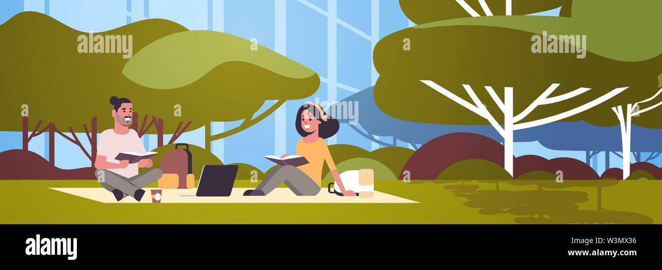 young t students couple sitting on grass teenage girl and guy having fun education concept college friends relaxing and talking landscape background Stock Vector