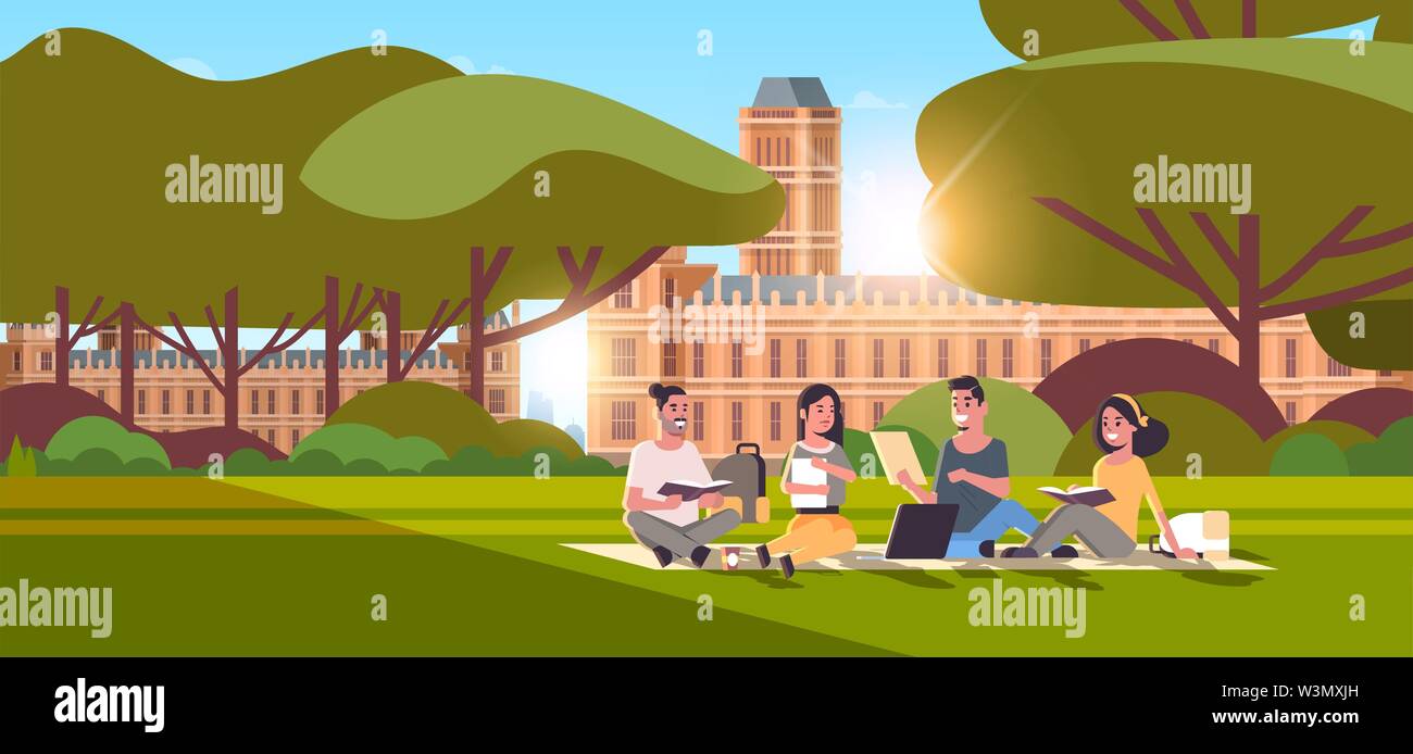 young teenage students group sitting on grass at campus yard education concept college friends relaxing and talking in front of university building Stock Vector