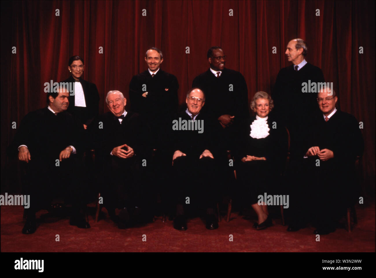 Washington, DC - File photo from November 10, 1994 -- Latest group photo of the Justices of the United States Supreme Court. (L-R) Associate Justice Antonin Scalia; Associate Justice Ruth Bader Ginsburg; Associate Justice John Paul Stevens; Associate Justice David Hackett Souter; Chief Justice William H. Rehnquist; Associate Justice Clarence Thomas; Associate Justice Sandra Day O'Connor; Associate Justice Stephen G. Breyer; Associate Justice Anthony M. Kennedy.Credit: Corbis Sygma | usage worldwide Stock Photo